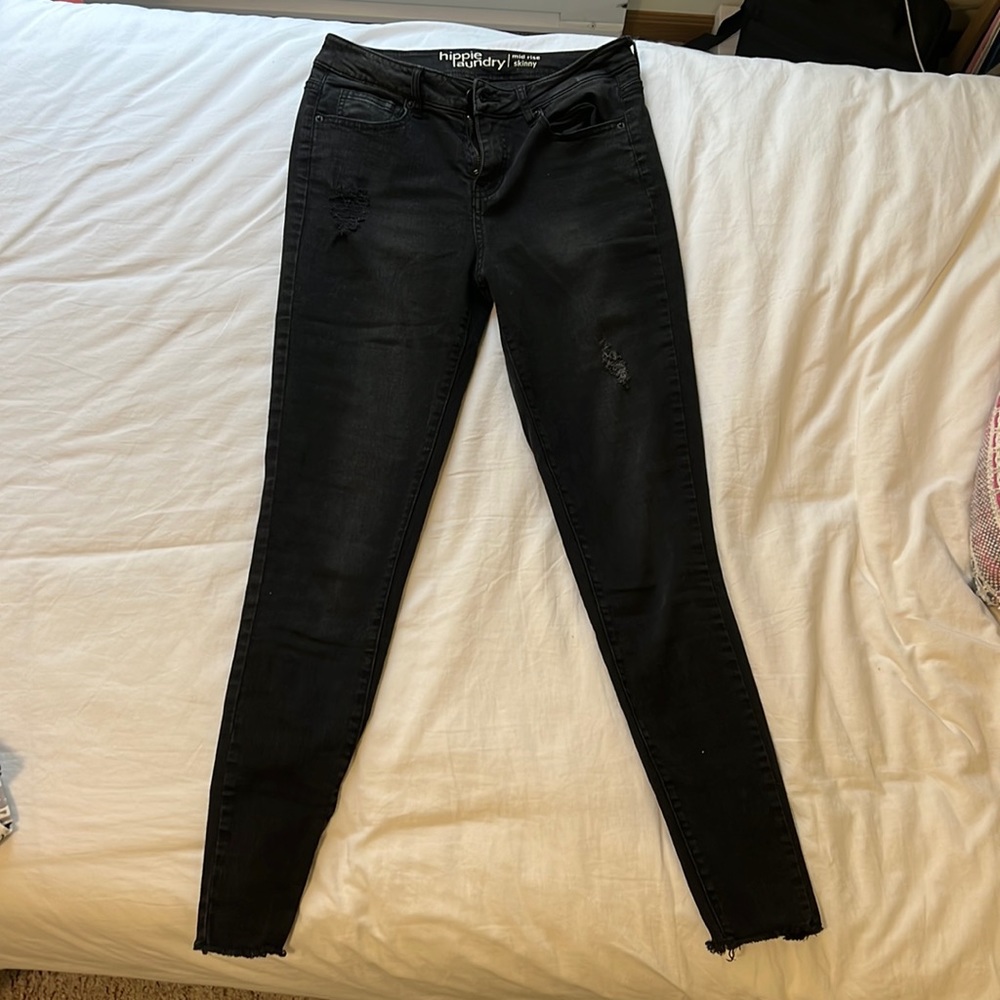 Black mid-rise skinny jeans - Hippie Laundry - ripped hem, small rips